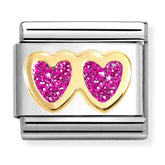 Nomination Composable Classic Link 030220/13 Double Heart in 18K Gold & Fuchsia Glitter Enamel
